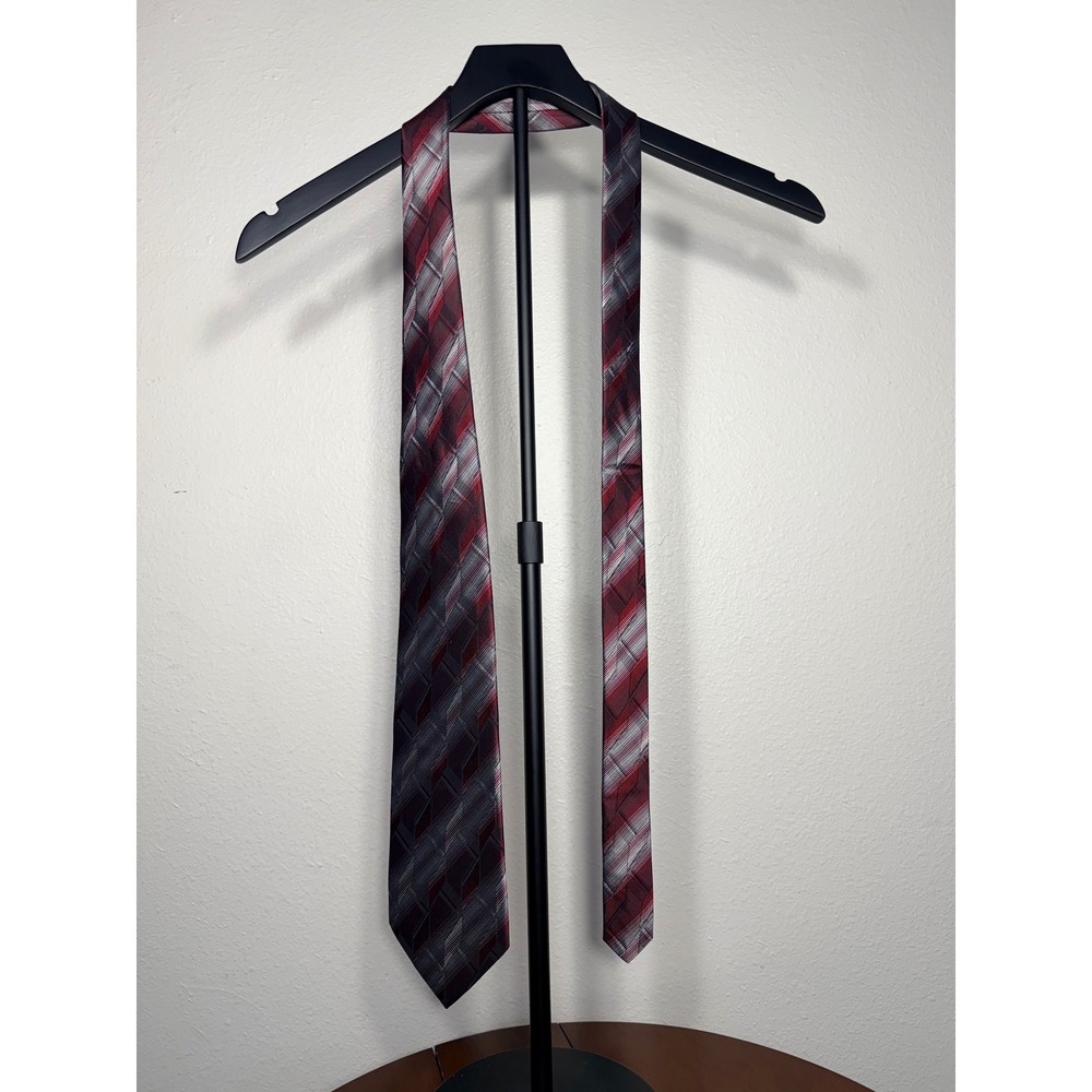 Pierre Cardin‎ Mens Silk Necktie Burgundy Grey Geometric Striped Formal Tie